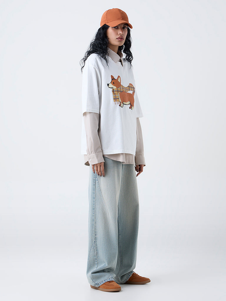 Nuon White Graphic Design Oversized Cotton T-Shirt