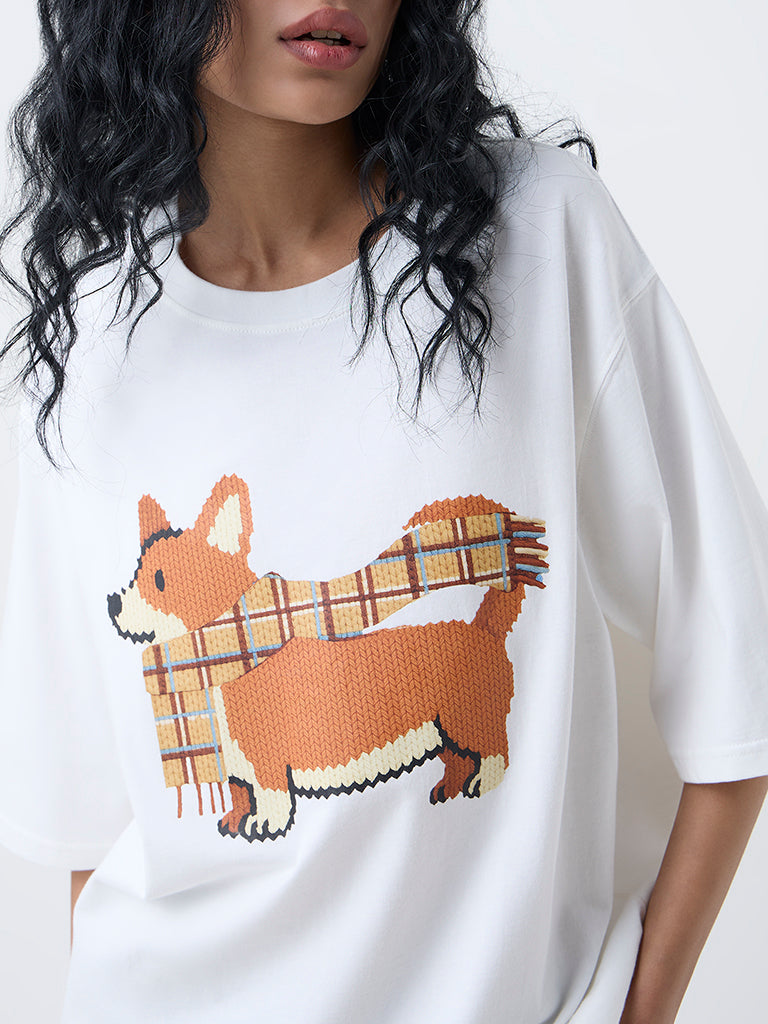 Nuon White Graphic Design Oversized Cotton T-Shirt