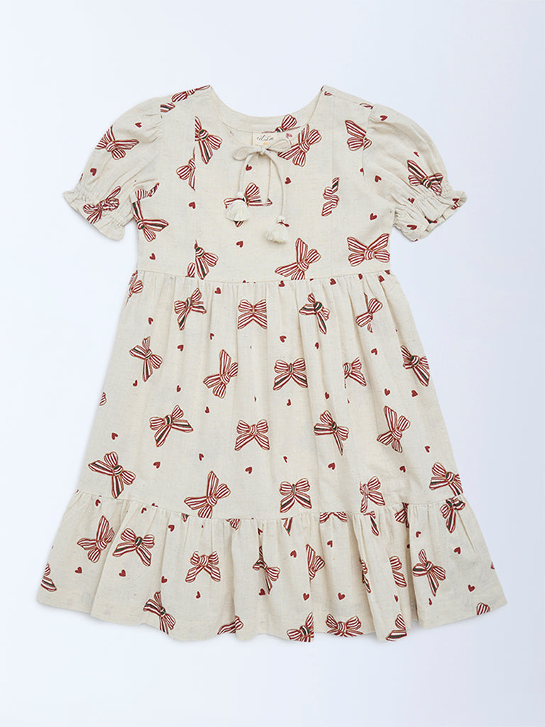 Utsa Kids Girls Off-White Bow-Printed A-Line Cotton-Blend Dress - (8 - 14yrs)