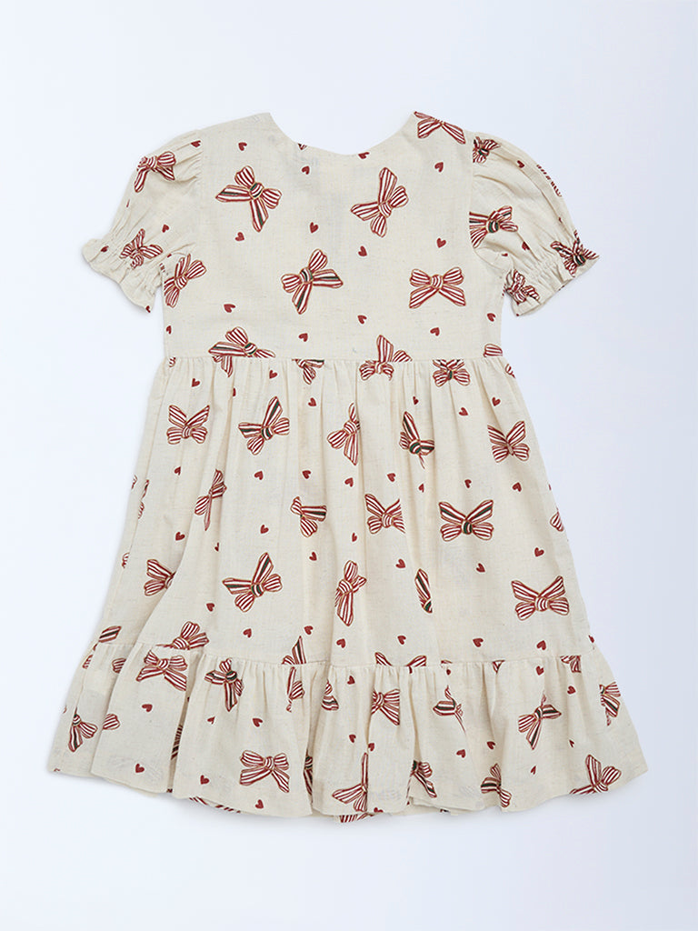 Utsa Kids Girls Off-White Bow-Printed A-Line Cotton-Blend Dress - (8 - 14yrs)