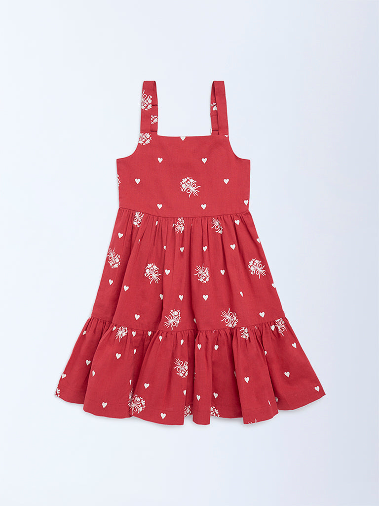 Utsa Kids Girls Red Printed A-Line Cotton-Blend Dress - (2 - 8yrs)