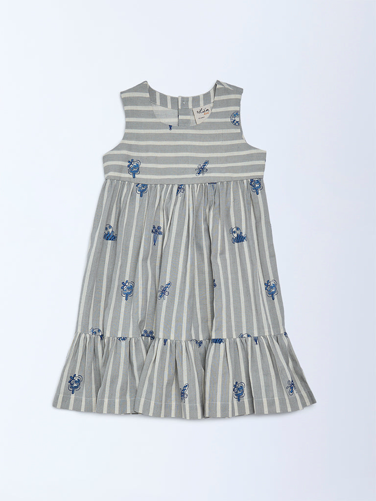 Utsa Kids Girls Grey Striped Cotton-Blend Tiered Dress - (2-8 yrs)
