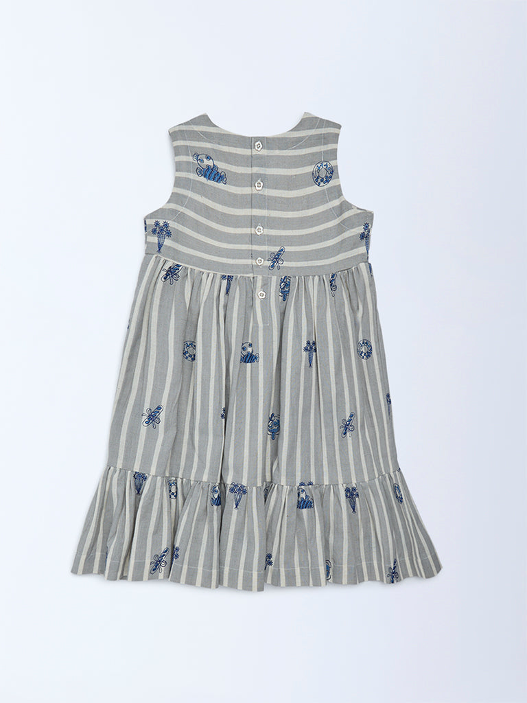 Utsa Kids Girls Grey Striped Cotton-Blend Tiered Dress - (2-8 yrs)