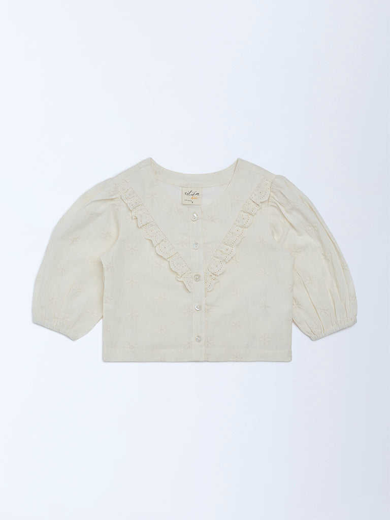 Utsa Kids Girls Off-White Schiffli Embroidered Cotton Top - (2-8 yrs)