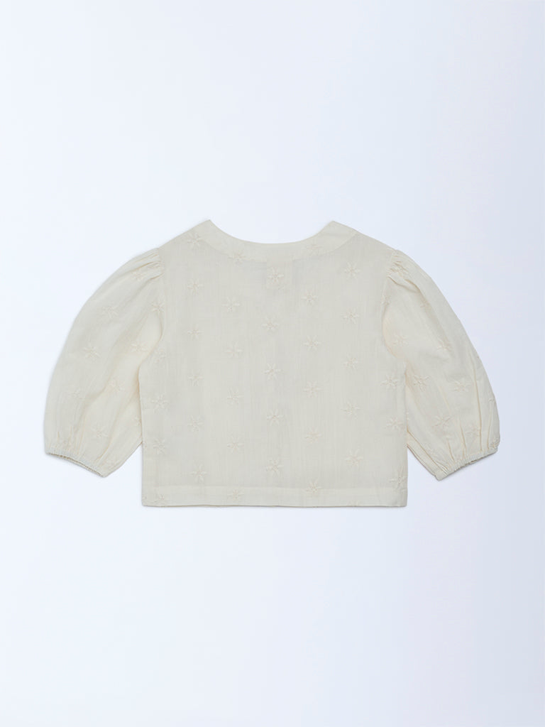 Utsa Kids Girls Off-White Schiffli Embroidered Cotton Top - (2-8 yrs)