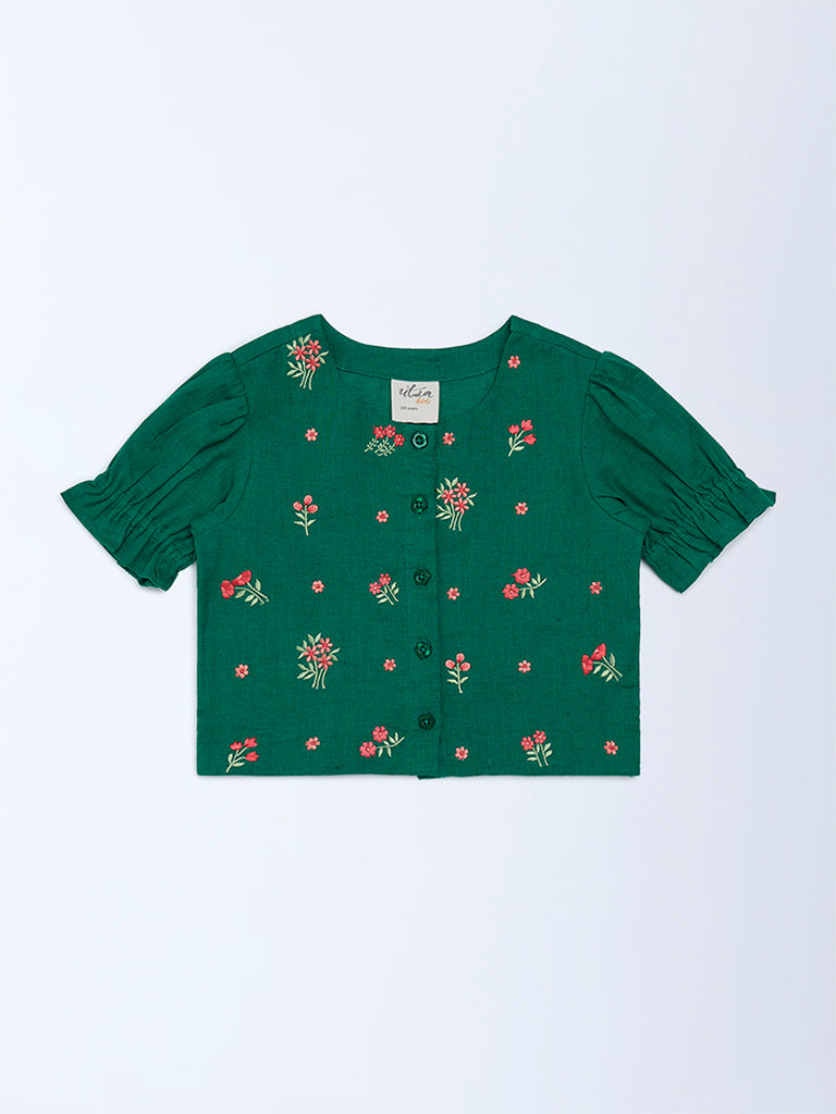 Utsa Kids Girls Jade Green Floral Embroidered Cotton-Blend Top - (2-8 yrs)