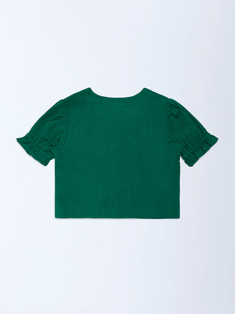 Utsa Kids Girls Jade Green Floral Embroidered Cotton-Blend Top - (2-8 yrs)