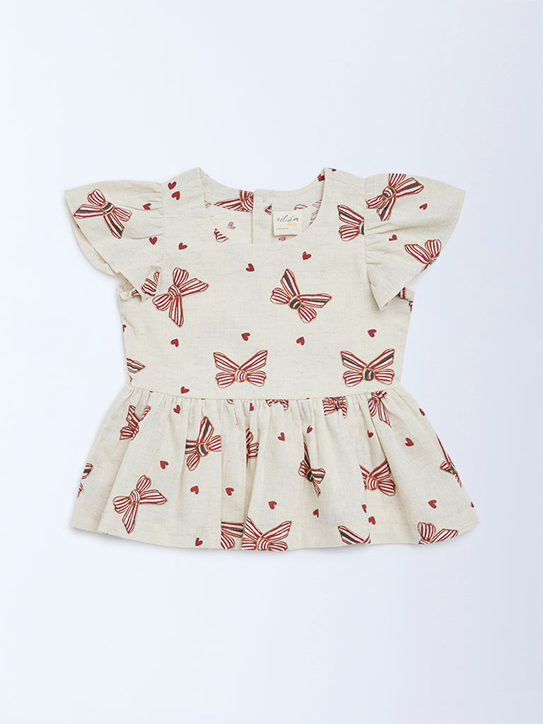 Utsa Kids Girls Off-White Printed Cotton-Blend Top - (2 - 8yrs)