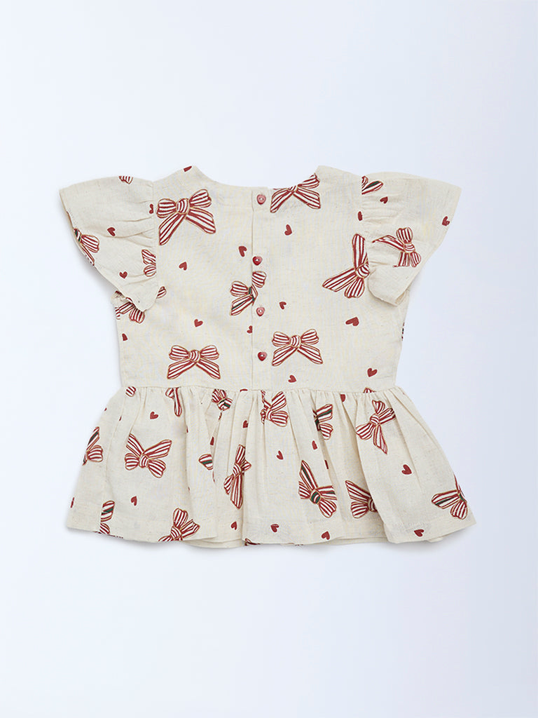 Utsa Kids Girls Off-White Printed Cotton-Blend Top - (2 - 8yrs)