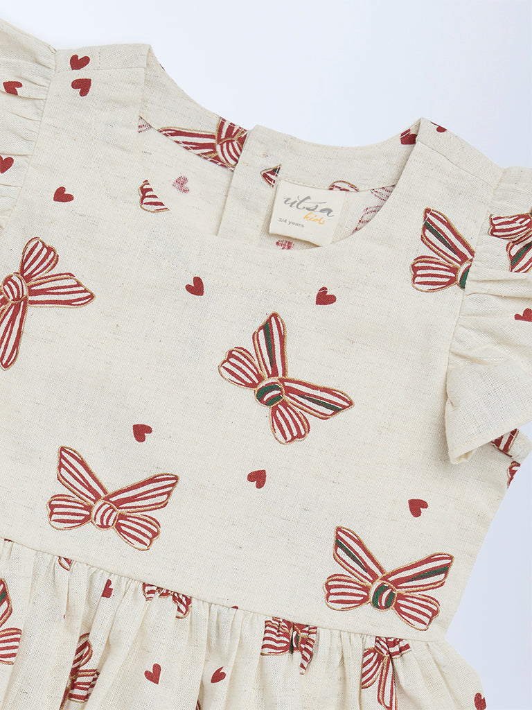 Utsa Kids Girls Off-White Printed Cotton-Blend Top - (2 - 8yrs)
