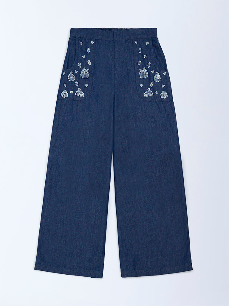 Utsa Kids Girls Navy Embroidered Denim Pants - (8-14 yrs)