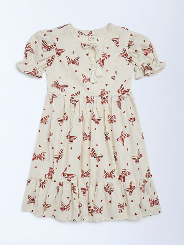 Utsa Kids Girls Off-White Bow-Printed A-Line Cotton-Blend Dress - (2 - 8yrs)