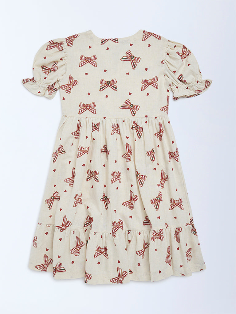 Utsa Kids Girls Off-White Bow-Printed A-Line Cotton-Blend Dress - (2 - 8yrs)