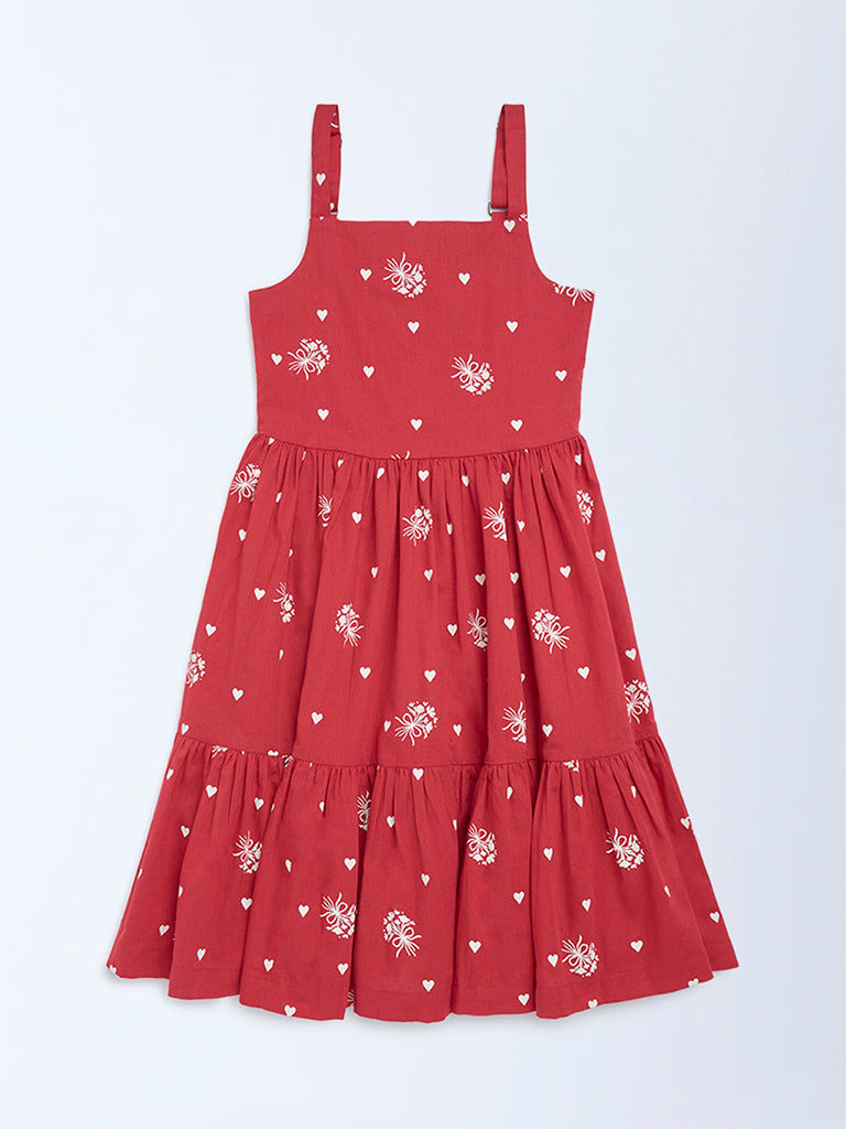 Utsa Kids Girls Red Printed A-Line Cotton-Blend Dress - (8 - 14yrs)