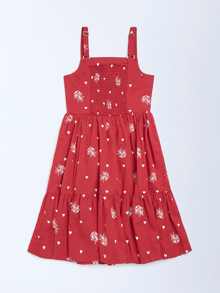 Utsa Kids Girls Red Printed A-Line Cotton-Blend Dress - (8 - 14yrs)