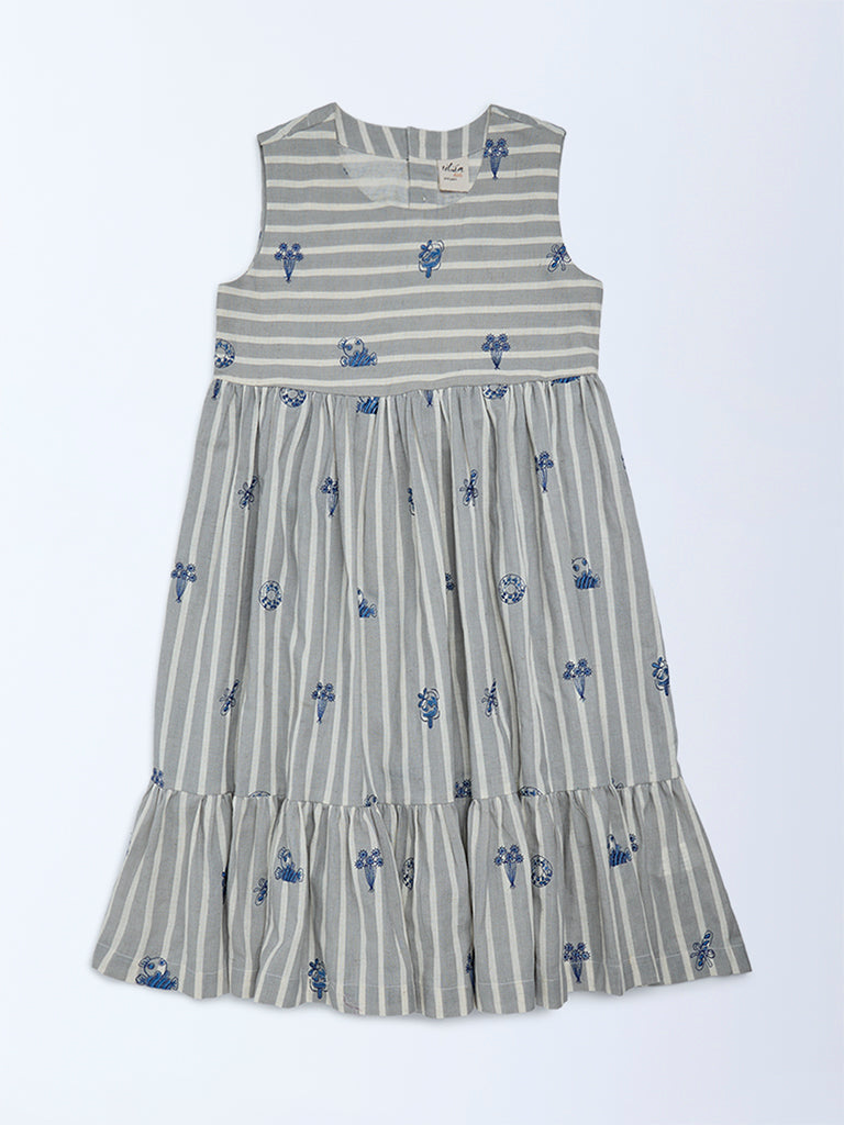 Utsa Kids Girls Grey Striped Cotton-Blend Tiered Dress - (8-14 yrs)