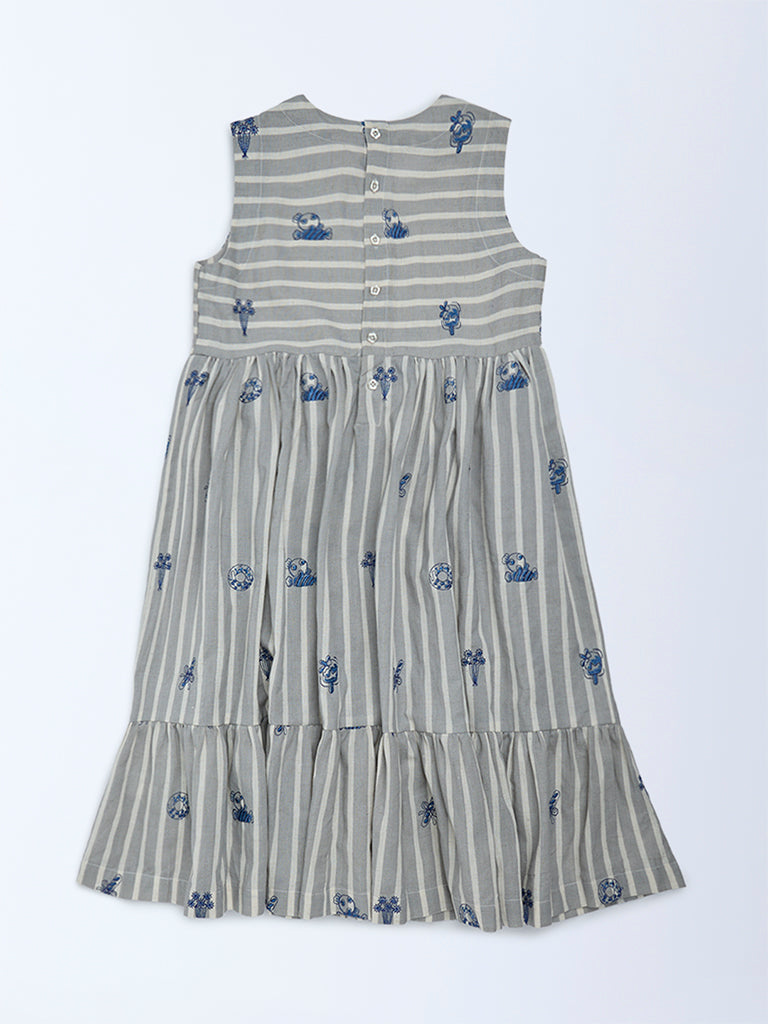 Utsa Kids Girls Grey Striped Cotton-Blend Tiered Dress - (8-14 yrs)