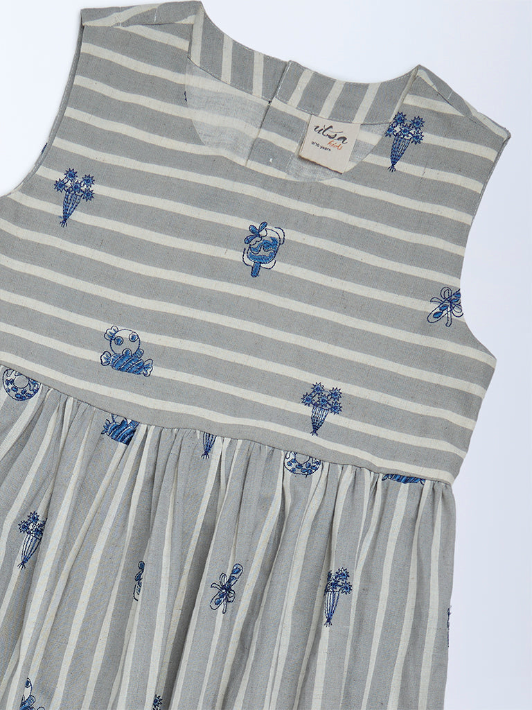Utsa Kids Girls Grey Striped Cotton-Blend Tiered Dress - (8-14 yrs)