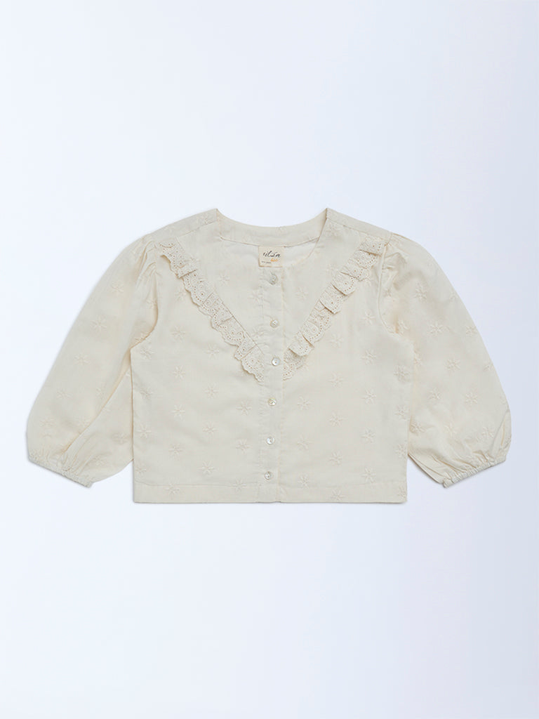 Utsa Kids Girls Cream Floral Cotton Top - (8-14 yrs)