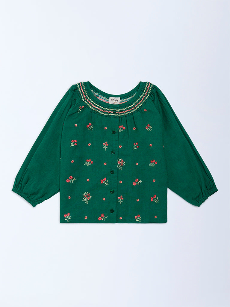 Utsa Kids Girls Jade Green Floral Embroidered Cotton-Blend Top - (8-14 yrs)