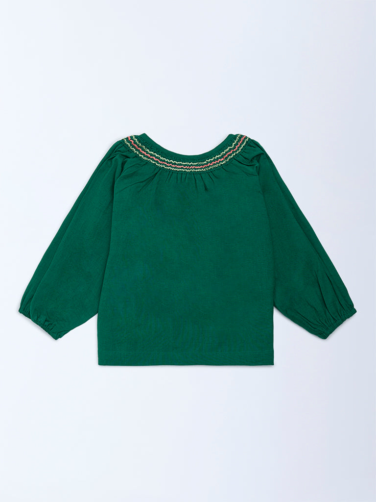 Utsa Kids Girls Jade Green Floral Embroidered Cotton-Blend Top - (8-14 yrs)