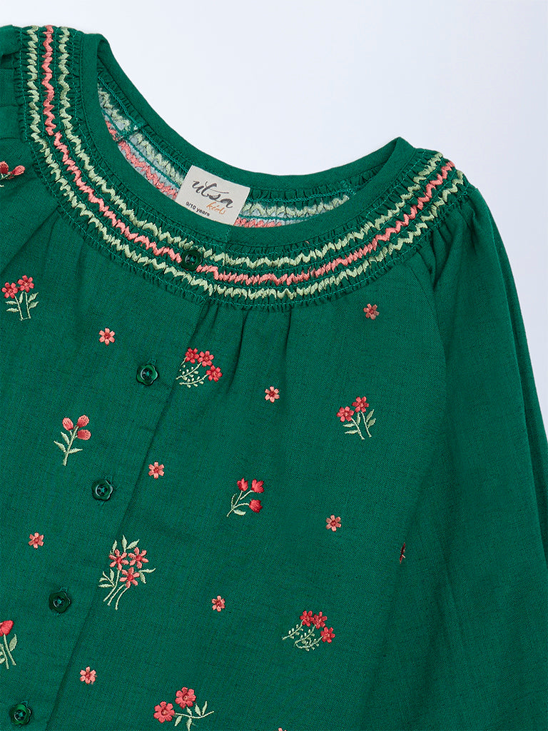 Utsa Kids Girls Jade Green Floral Embroidered Cotton-Blend Top - (8-14 yrs)