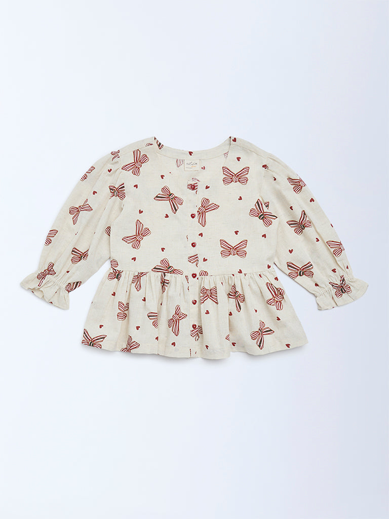Utsa Kids Girls Off-White Printed Cotton-Blend Top - (8 - 14yrs)