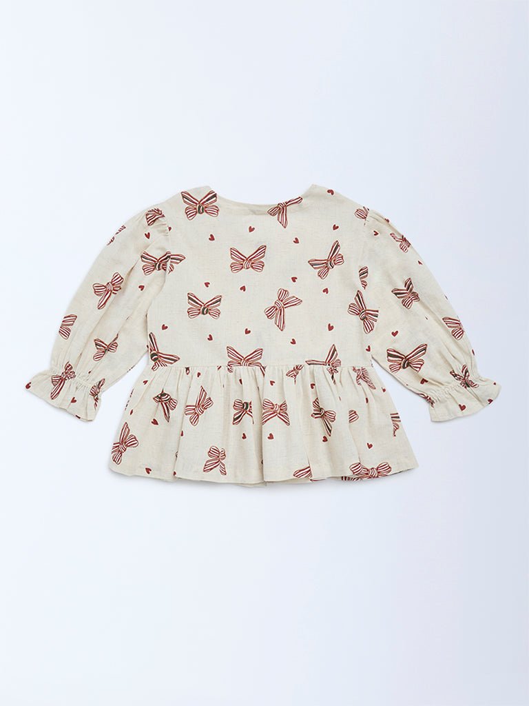 Utsa Kids Girls Off-White Printed Cotton-Blend Top - (8 - 14yrs)