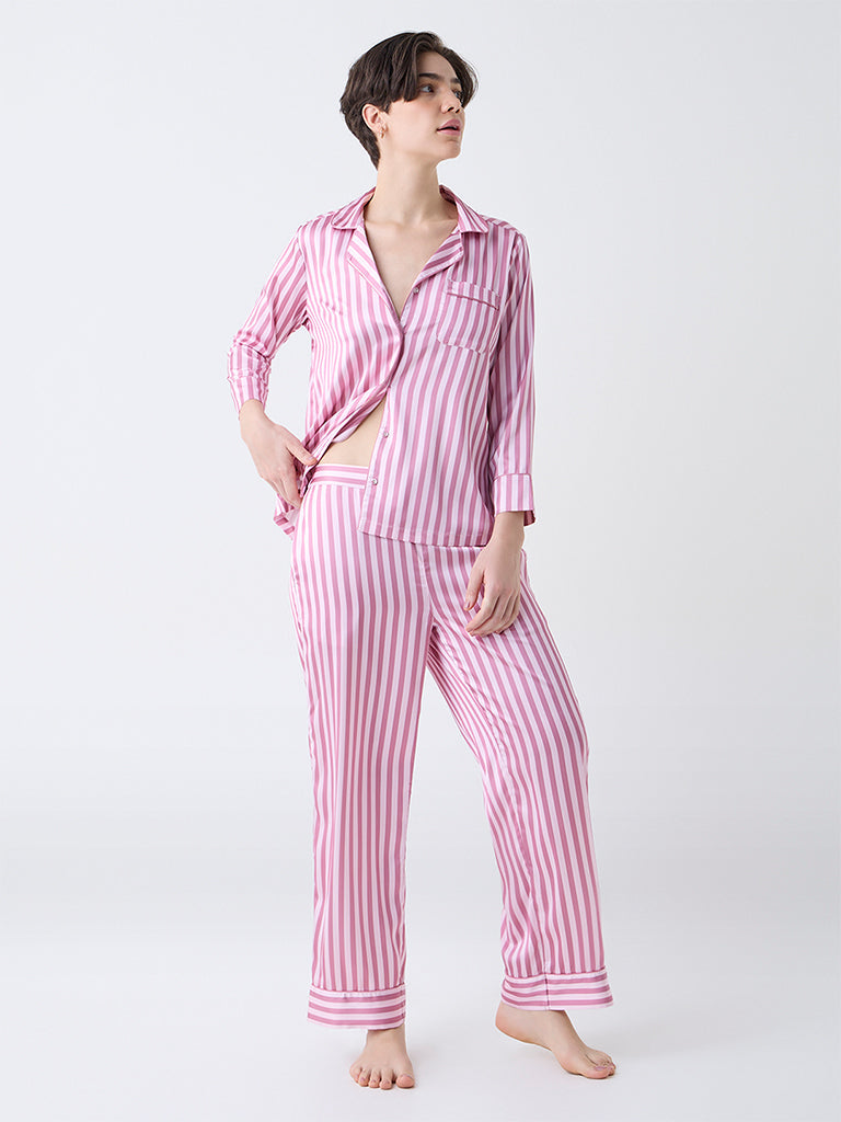 Wunderlove Pink Striped Satin Shirt with Pyjamas Set