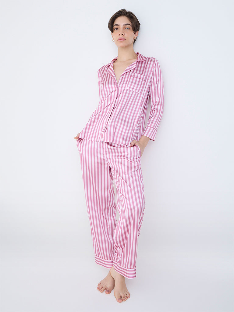 Wunderlove Pink Striped Satin Shirt with Pyjamas Set