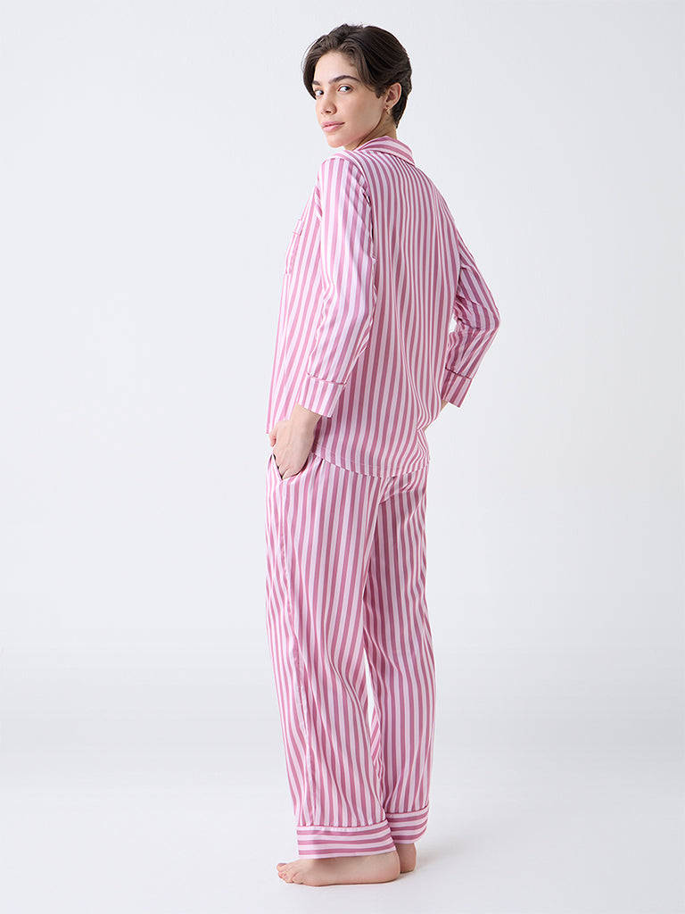 Wunderlove Pink Striped Satin Shirt with Pyjamas Set