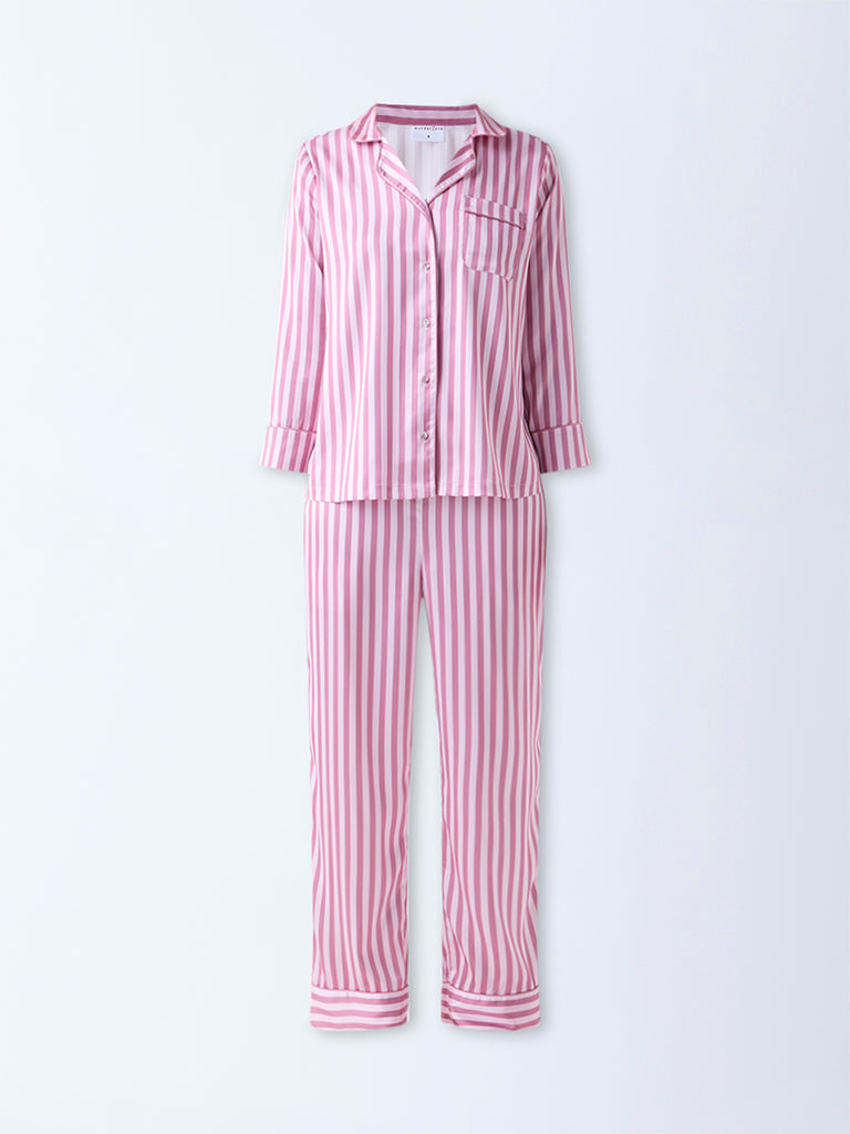 Wunderlove Pink Striped Satin Shirt with Pyjamas Set