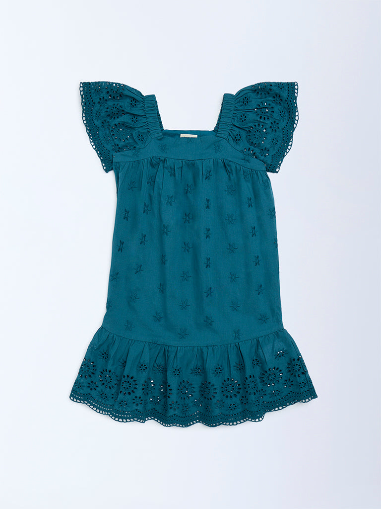 Utsa Kids Girls Teal Schiffli Drop-Waist Cotton Dress (2 - 8yrs)