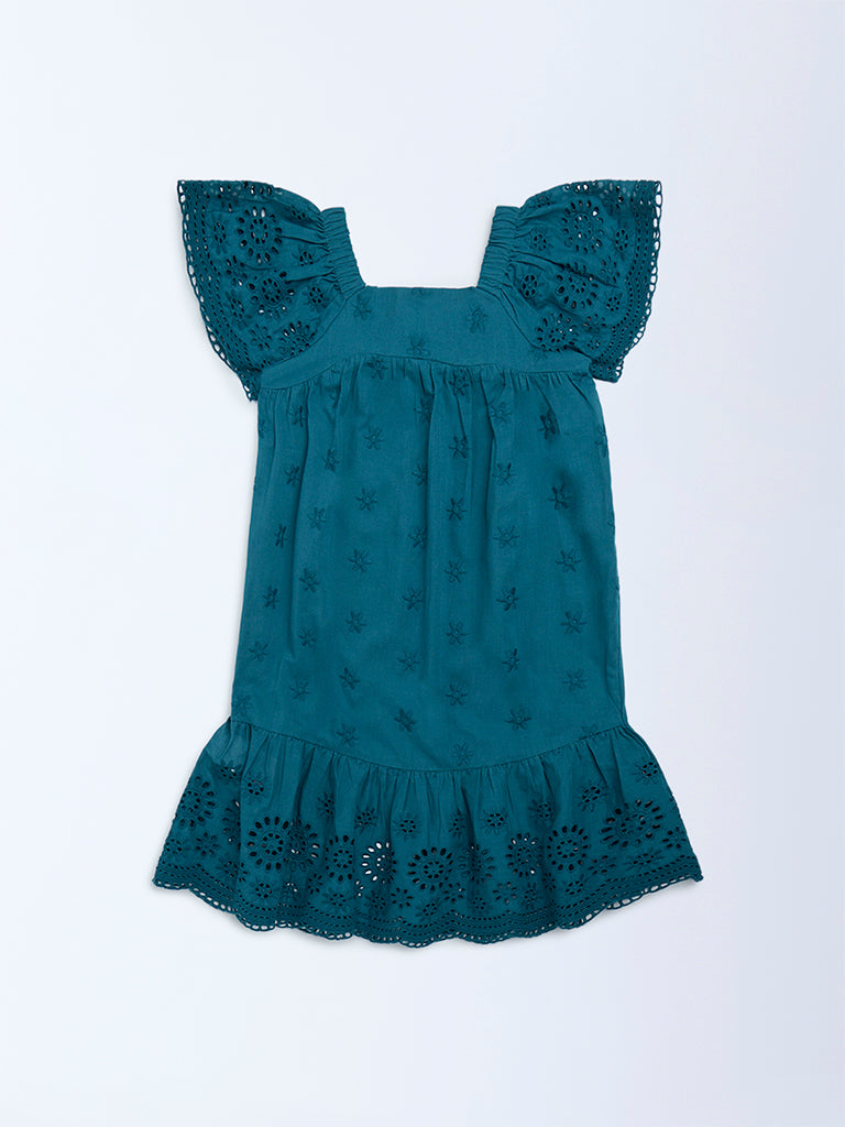 Utsa Kids Girls Teal Schiffli Drop-Waist Cotton Dress (2 - 8yrs)
