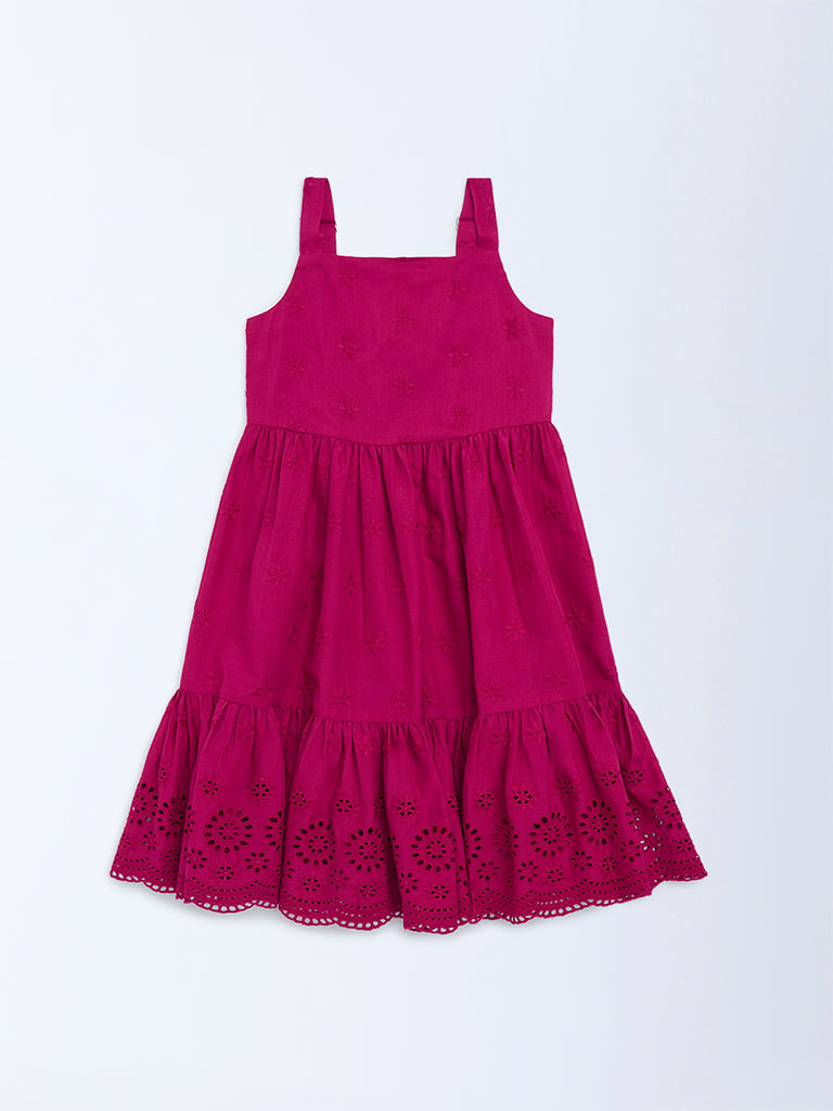 Utsa Kids Girls Magenta Schiffli Tiered Cotton Dress (2 - 8yrs)