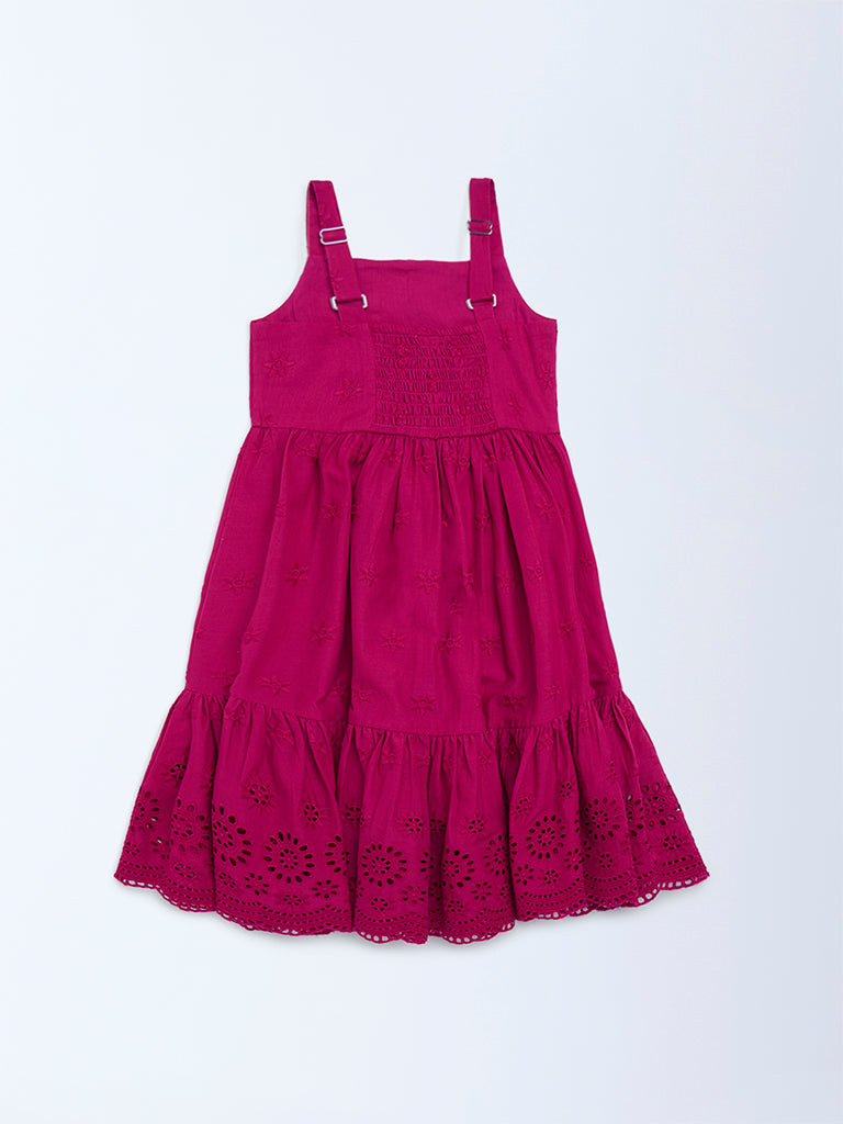Utsa Kids Girls Magenta Schiffli Tiered Cotton Dress (2 - 8yrs)