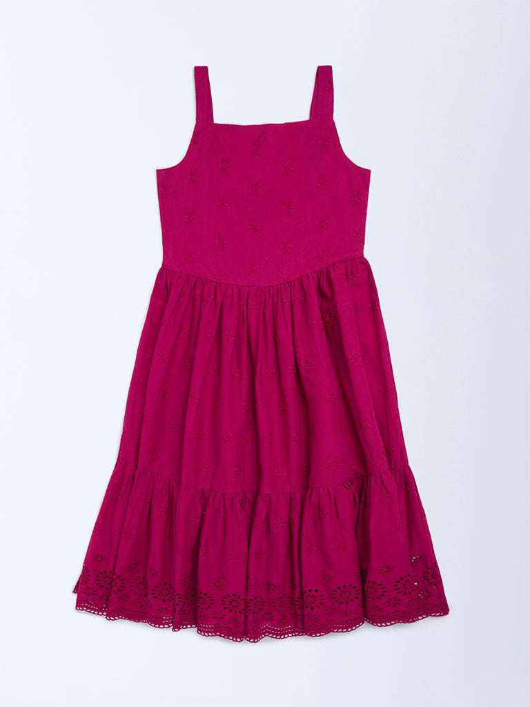 Utsa Kids Girls Magenta Schiffli Tiered Cotton Dress (8 - 14yrs)