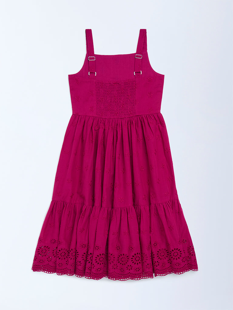 Utsa Kids Girls Magenta Schiffli Tiered Cotton Dress (8 - 14yrs)