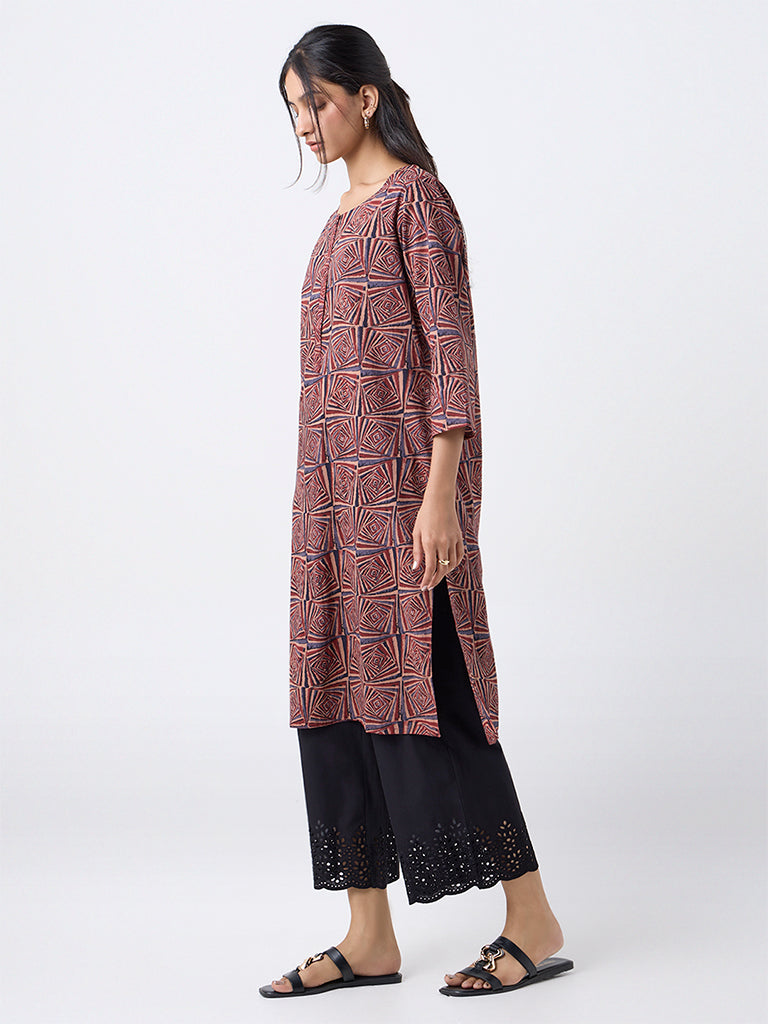Utsa Brown Printed Cotton Straight Kurta