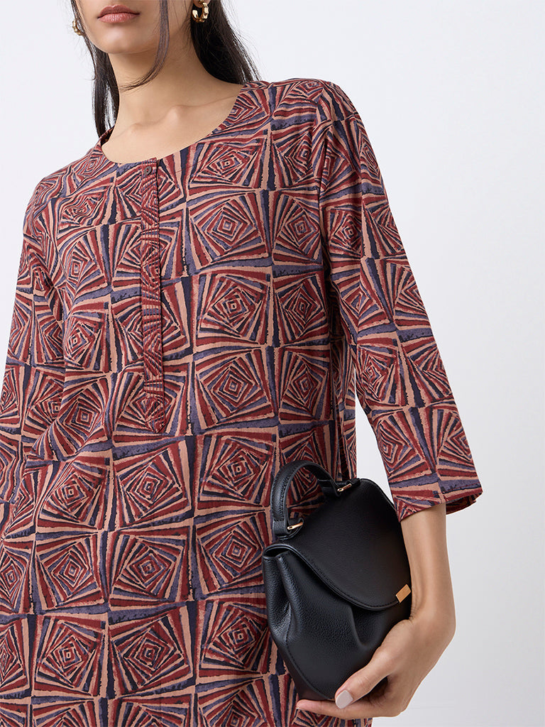 Utsa Brown Printed Cotton Straight Kurta