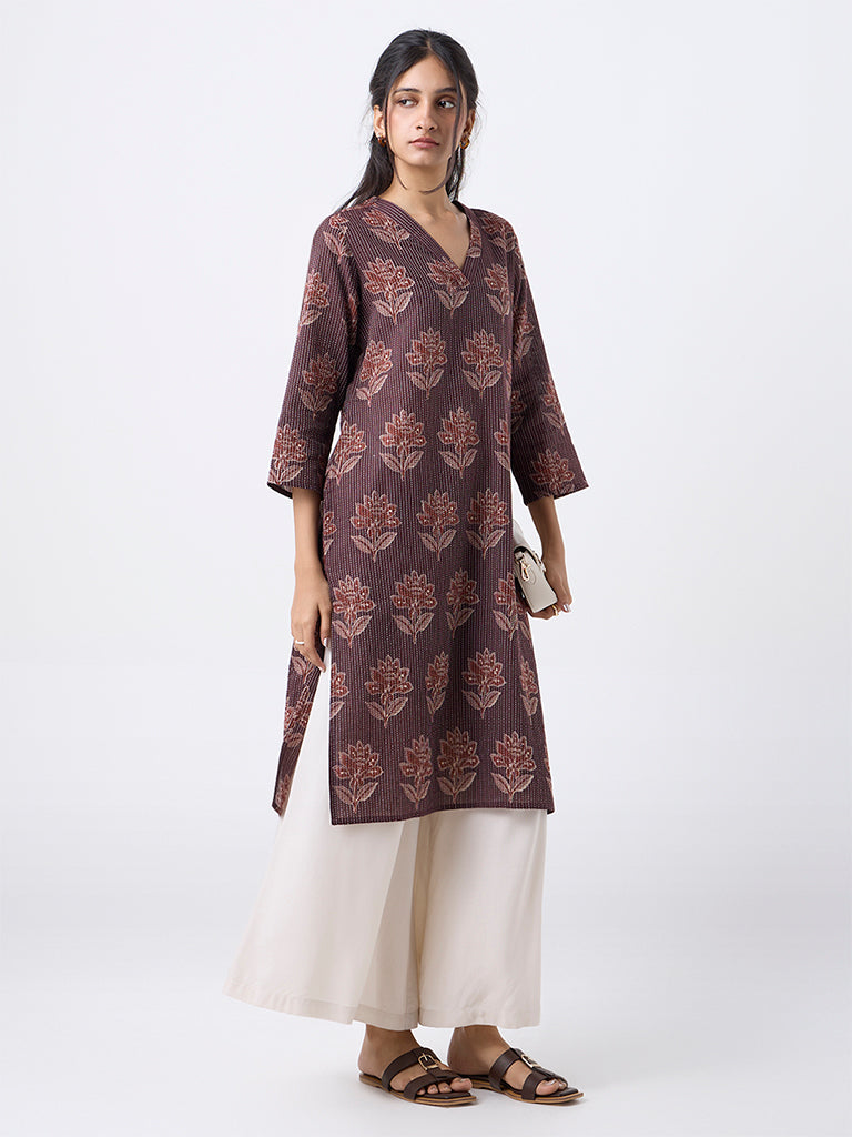 Utsa Brown Floral Pattern Cotton-Blend Straight Kurta