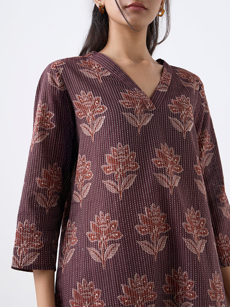 Utsa Brown Floral Pattern Cotton-Blend Straight Kurta