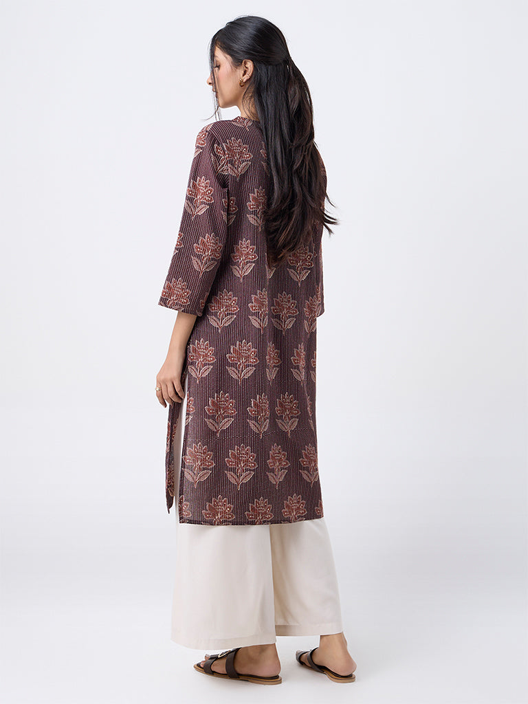 Utsa Brown Floral Pattern Cotton-Blend Straight Kurta
