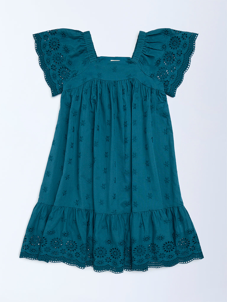 Utsa Kids Girls Teal Schiffli Drop-Waist Cotton Dress (8 - 14yrs)