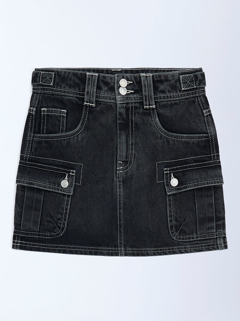 Girls Charcoal High-Rise Denim Skirt