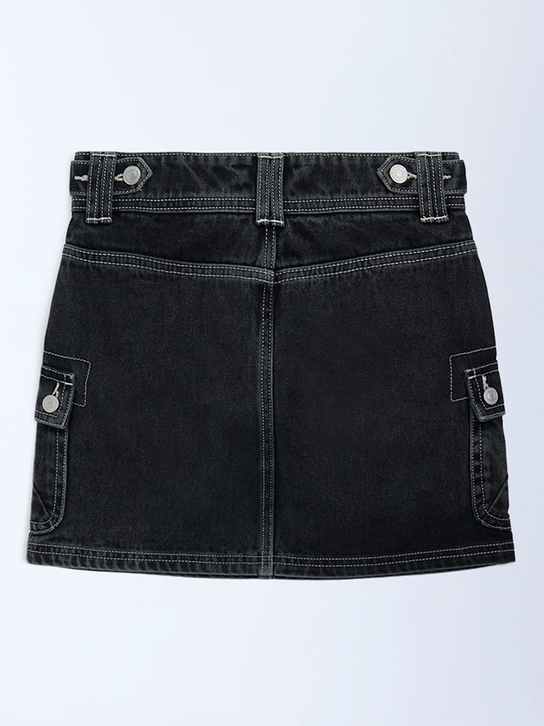 Girls Charcoal High-Rise Denim Skirt