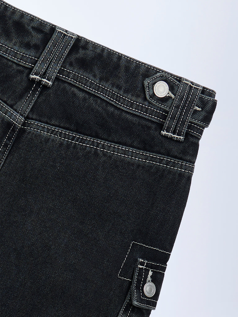 Girls Charcoal High-Rise Denim Skirt