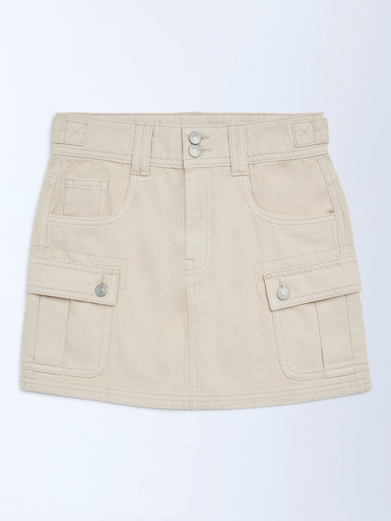 Girls Beige High-Rise Denim Skirt