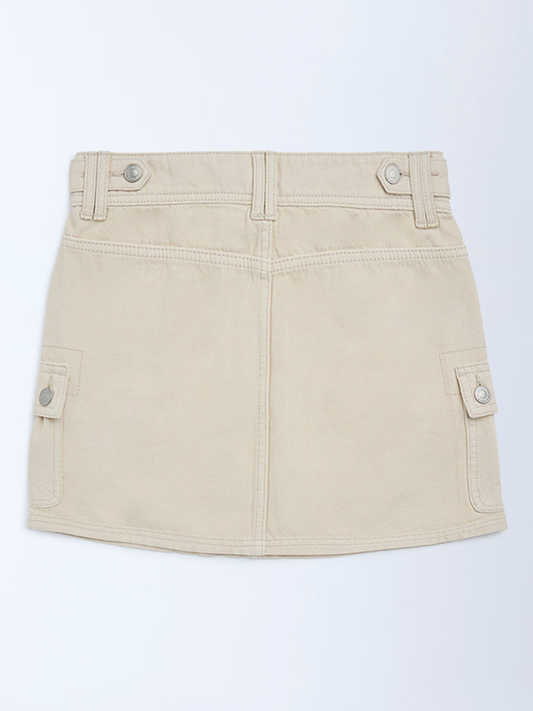 Girls Beige High-Rise Denim Skirt