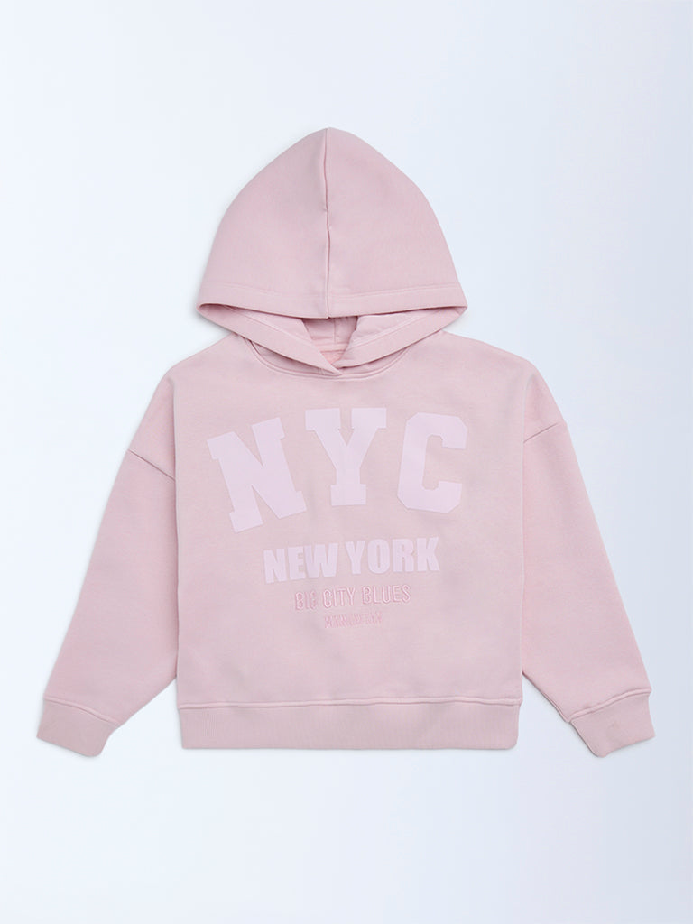 Girls Pink Text Design Cotton-Blend Hoodie